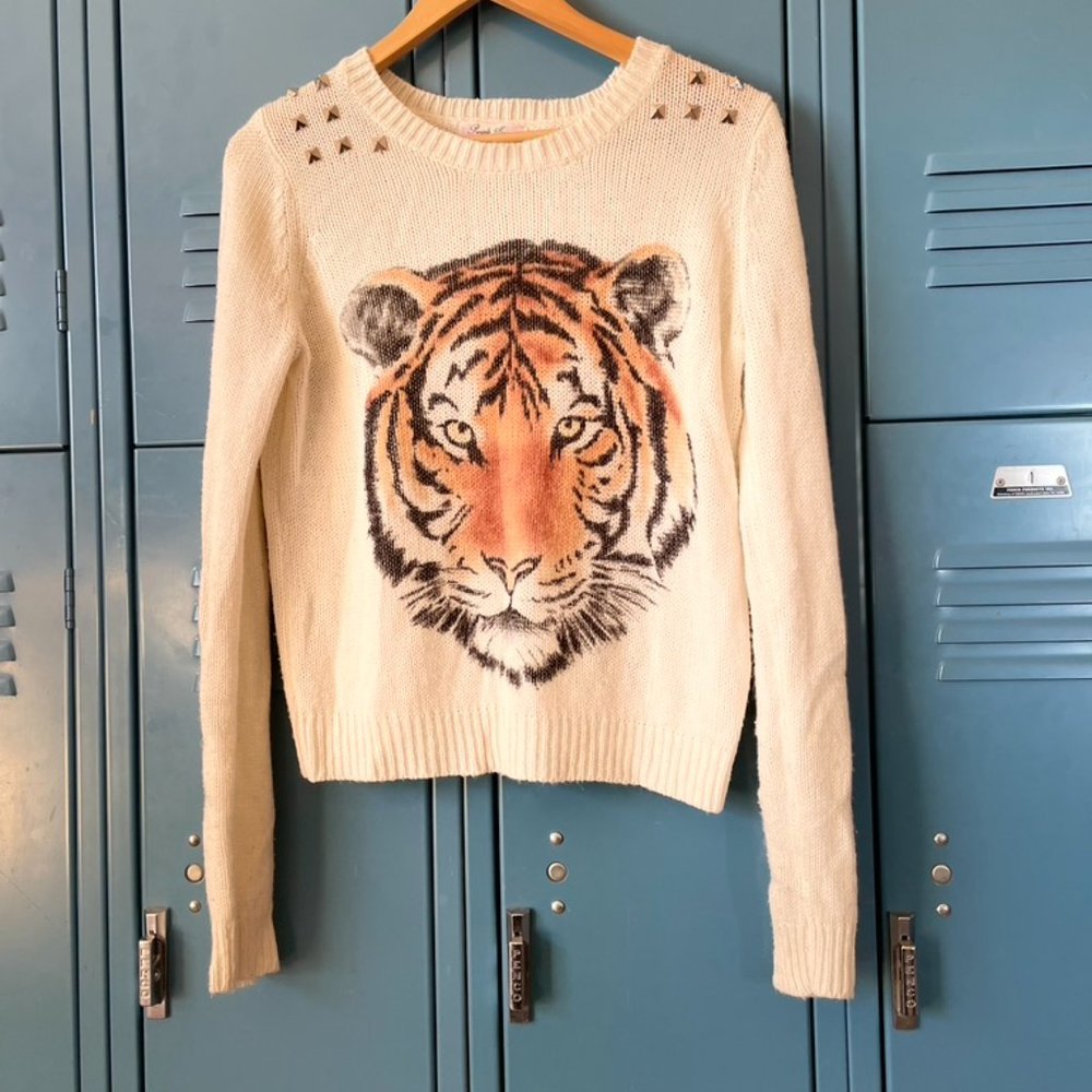 Anthropologie Purple Snow Studded Tiger Sweater